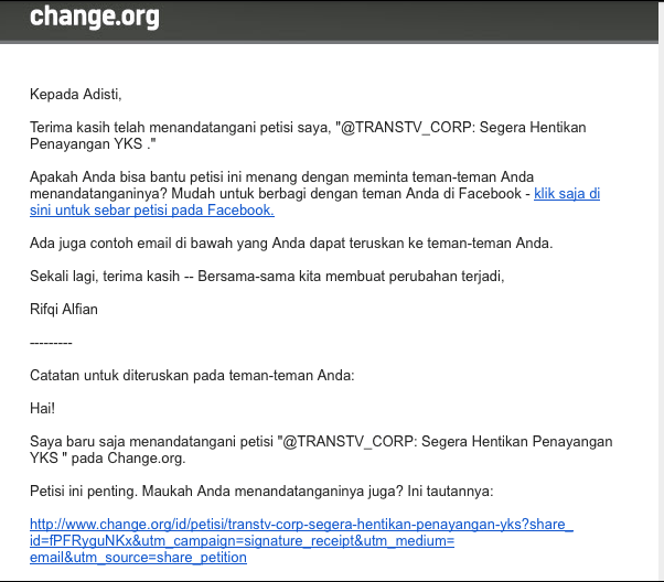 Ini screen capture email yang says terima setelah mengisi petisi menghentikan tayangan YKS